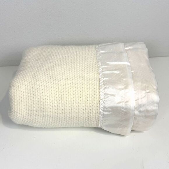 VTG Ralph Lauren Ivory Cotton Satin Trim Twin Blanket 66x90 - Picture 1 of 3